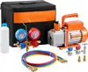 Vakuové čerpadlo a sada manometrů, jednostupňové rotační lopatkové vakuové čerpadlo pro vytápění, větrání a klimatizaci, sada chladiva, sada manometrů pro rozdělovač, s tříbarevnou taškou na hadici, vhodné pro R134a, R410a VP125