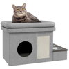 Domeček pro kočky, krmné místo se 2 nerezovými mističkami, škrabací podložka, měkký polštář na lehátko, 78 x 48 x 49,5 cm, šedá