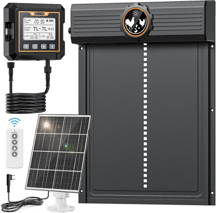  Velká automatická solární kuřecí dvířka s ovladačem, hliníková s velkým displejem, časovačem, dálkovým ovládáním, inteligentní ochranou MASTERFUN 0050 | černá