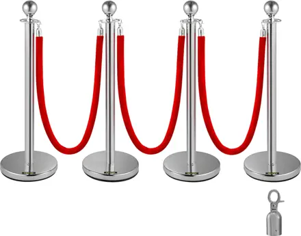Sada 4 zatahovacích stříbrných kulatých sloupků s bariérou Chrom navádění personálu "VIP" VEVO 056 