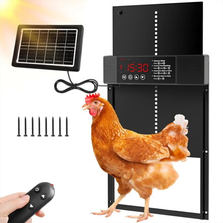 Automatická solární dvířka pro kuřata s dálkovým ovládáním, LCD displej, světelný senzor a časovač |TGFIX  Automatická solární dvířka pro kuřata s dálkovým ovládáním, LCD displej, světelný senzor a časovač |TGFIX