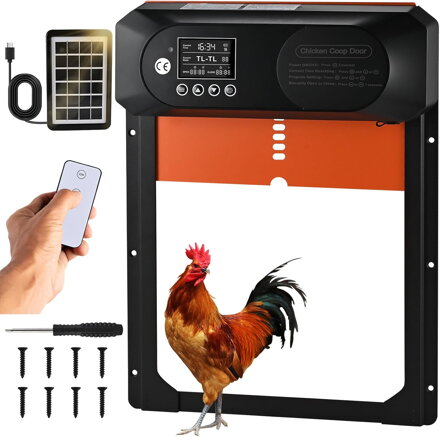 Automatická dvířka do kurníku Cieex s časovačem, vodotěsný LED displej, světelný senzor, dálkové ovládání