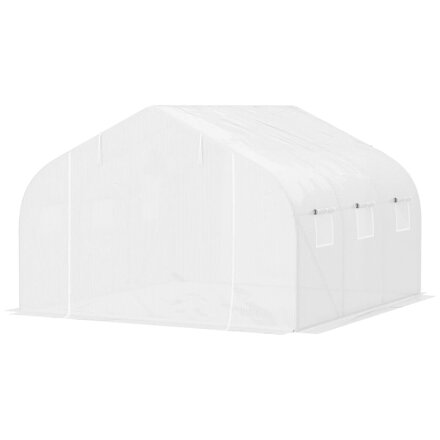Skleník 6 rolovacích oken, dveře na zip, fólie odolná proti roztržení, kovový rám, 3,5 x 3 x 2 m, bílá