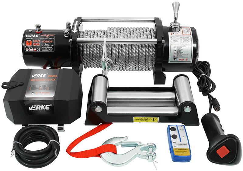  Elektrický naviják 12V, 5443 kg, ocelové lano 24m VERKE V06036