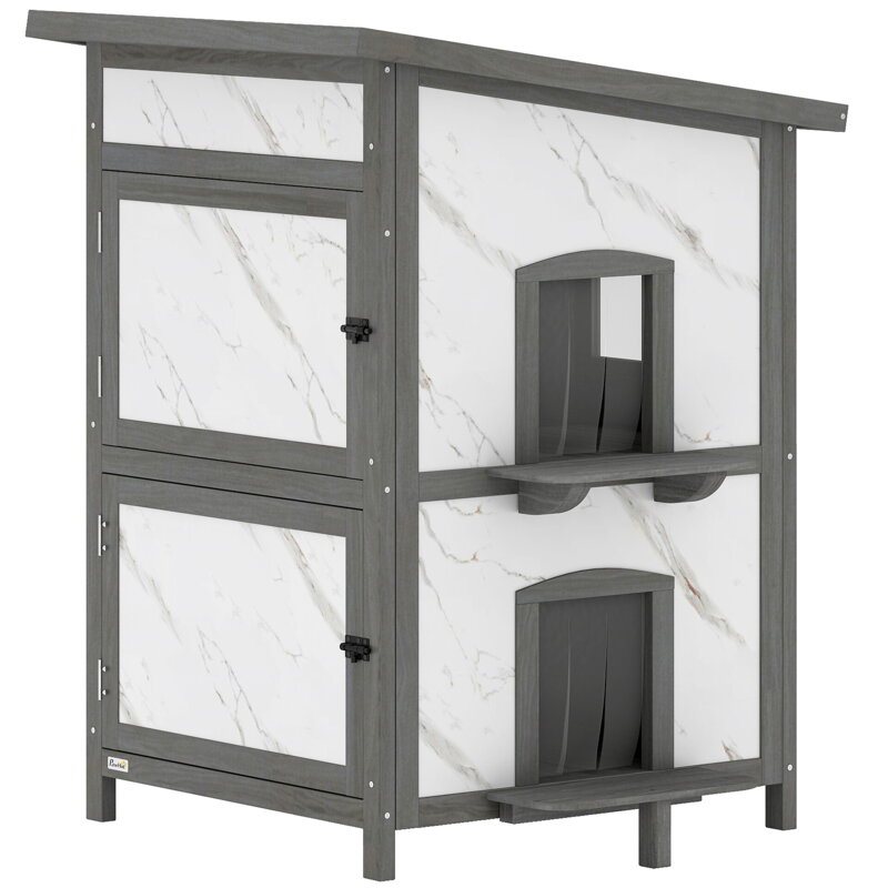 Venkovní kočičí domek , dřevěný kočičí domek, více vchodů, okno, 60 x 60 x 88 cm, izolace, PawHut | bílý