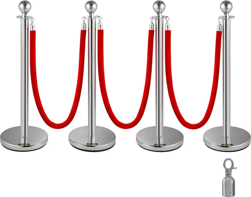 Sada 4 zatahovacích stříbrných kulatých sloupků s bariérou Chrom navádění personálu "VIP" VEVO 056 