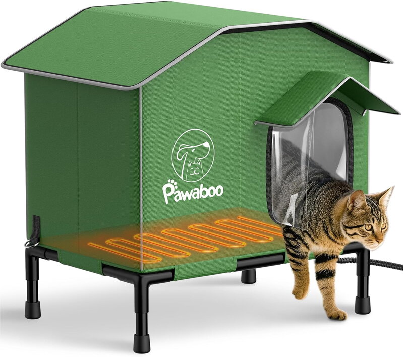 Vyhřívaný domeček přístřešek pro kočky s vyhřívanou podložkou  Pawaboo 350|zelená