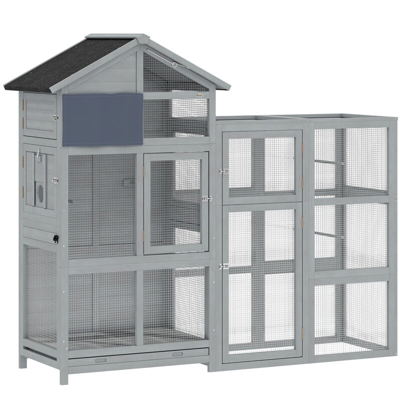 Dřevěná voliéra PawHut se 6 bidýlky, úložným prostorem, výsuvnou zásuvkou, miskami z nerezové oceli, 196x60x164,5 cm, šedá