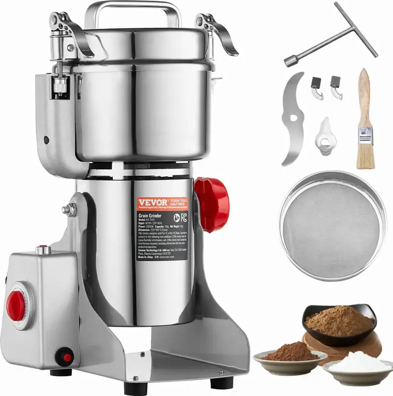  Elektrický mlýnek na obilí, 750g  vysokorychlostní mlýnek na koření s příkonem 2000 W, nerezový mlýnek, na suchá zrna, koření,  otočný typ , HC-750Y | stříbrná