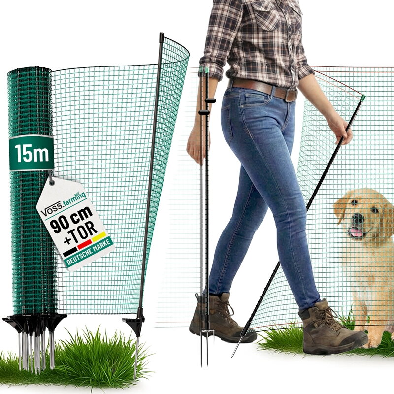 Hraniční plot s brankou, 90cm, 9 sloupků, 1 hrot, zelený, bez elektřiny pro drůběž, zvířata , VOSS.farming classic 15m