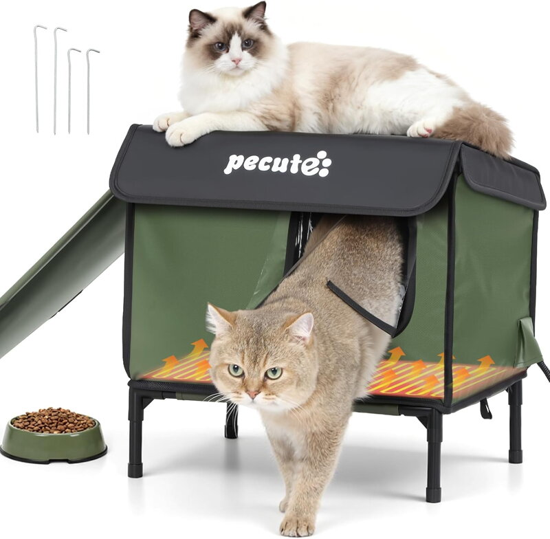 Vyhřívaný domeček pro kočky zvýšený s vyhřívanou podložkou Pecute Outdoor |zelená
