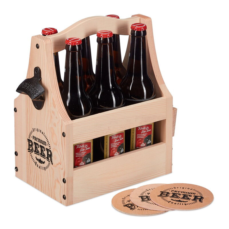 Dřevěný nosič piva s otvírákem