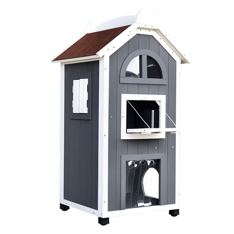  Venkovní kočičí domek, dvoupatrový kočičí domek z jedlového dřeva, odolný proti povětrnostním vlivům s asfaltovou střechou, šedý, 59 x 55 x 109 cm