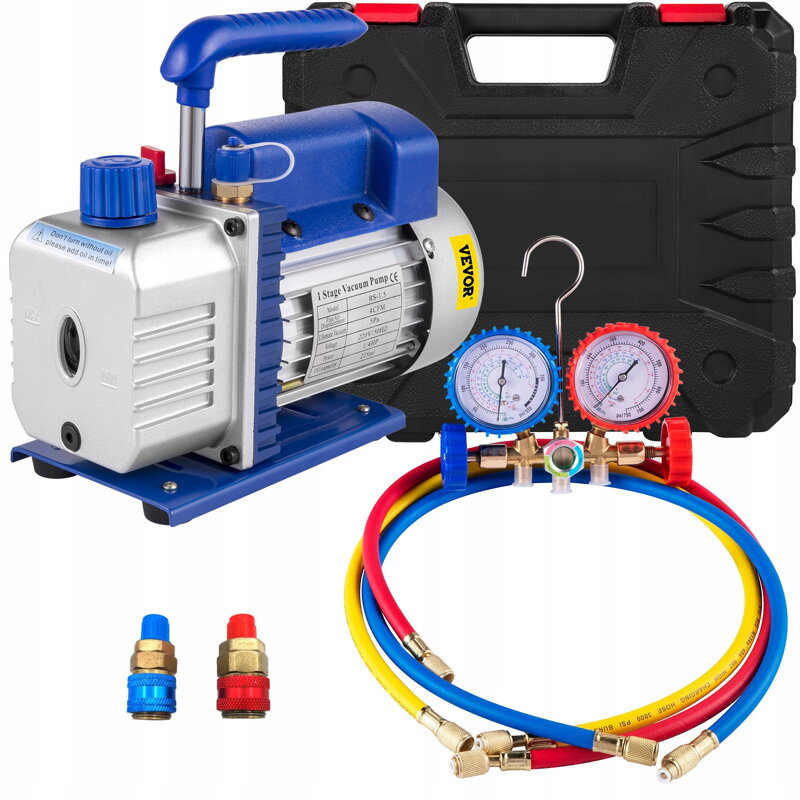 Vakuové čerpadlo s manometrem , vakuová pumpa 4CFM 1720 ot./min 5Pa , pro distribuci, sada chladiva, 4CFM 1720 ot./min 5, vhodná pro všechny chladiva R22, R12, R134A, R502 atd